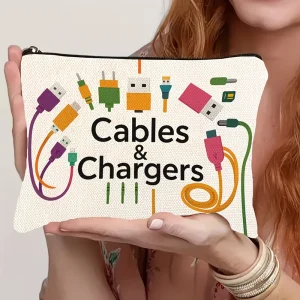 Tech Accessories Storage Bag - Travel Makeup Style Colorful Icon Design, Durable Polyester Portable Storage Pouch for Chargers, Cables, and Power Banks - Practical Unisex Gift (White), Electronics Travel Organizer Box